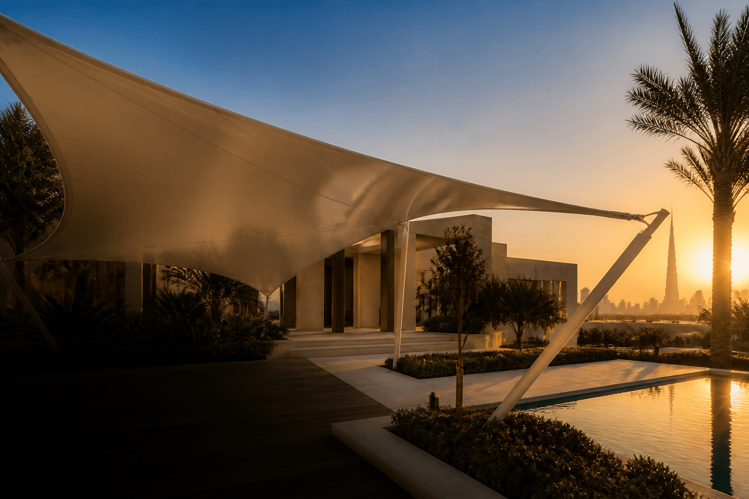 Premium tensile shade structure installation in Dubai